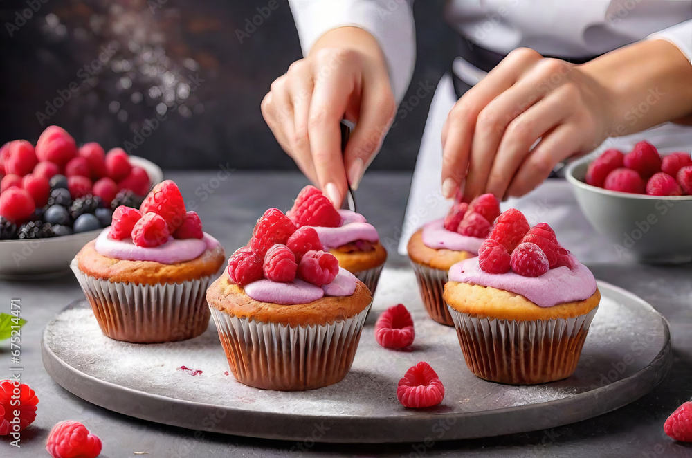Creative Culinary Art: Woman Decorating Cupcakes with Fresh Berries. Generative AI.