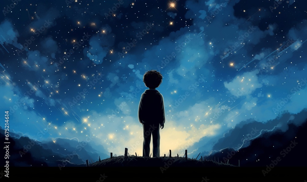 Fototapeta premium illustration of a boy looking at night starry sky, Generative AI