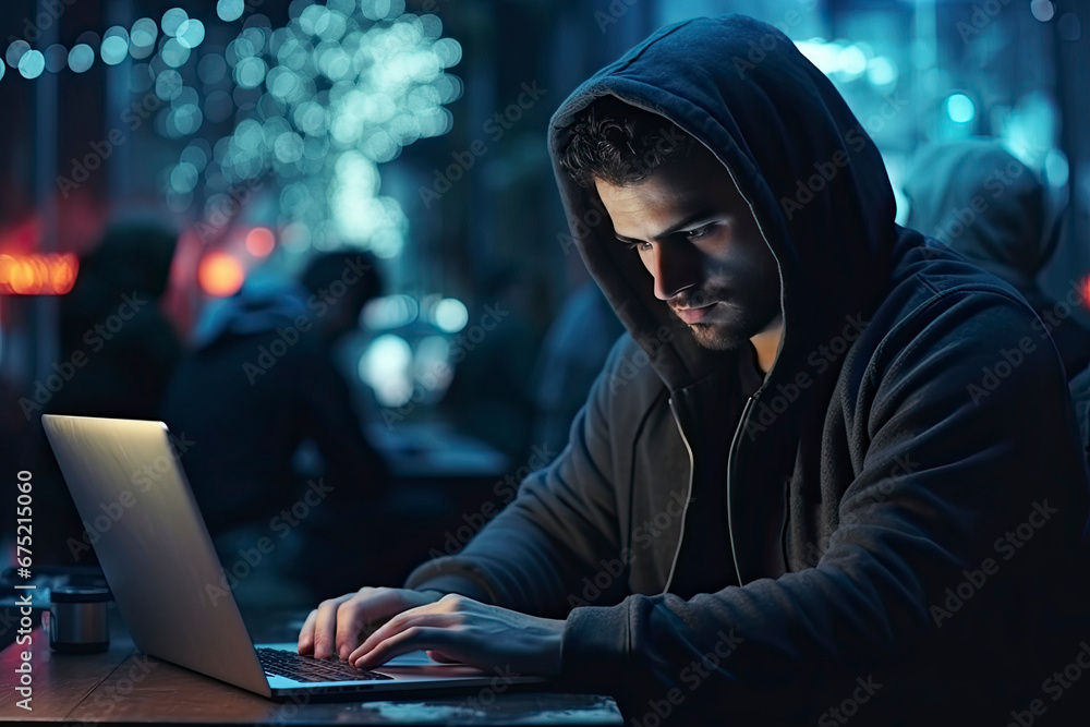 Hidden hacker in sweatshirt hacking security systems. Unrecognizable man sitting in dark room with blue neon lights. Concept of cyber attack, malware and cyber security. Hidden hacker in sweatshirt hacking security systems. Unrecognizable man sitting in dark room with blue neon lights. Concept of cyber attack, malware and cyber security.