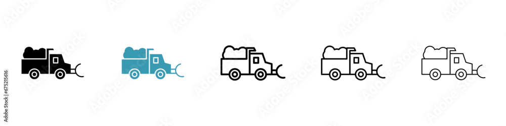 Snowplow vector icon set. Road snow removal truck symbol. Snowblower sign. Snowplough icon in black and white color.
