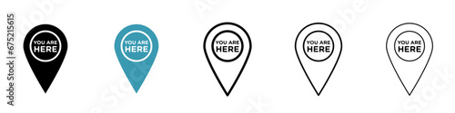 You are Here Pointer vector icon set. Map GPS locator pin sign in black and white color.