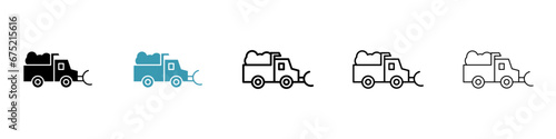 Snowplow vector icon set. Road snow removal truck symbol. Snowblower sign. Snowplough icon in black and white color. photo