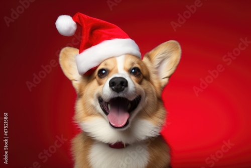 Christmas corgi dog wearing santa hat on red background. © dashtik