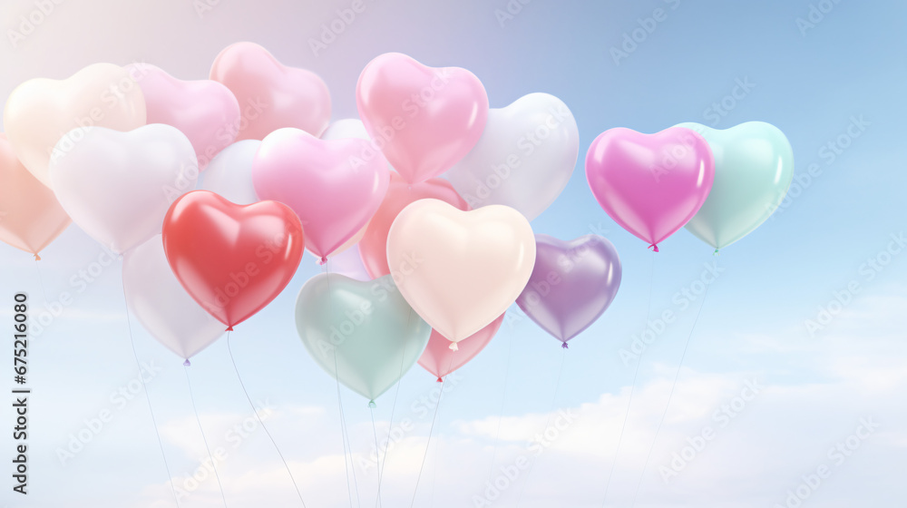 Close up of heart sharp balloons flying in the air