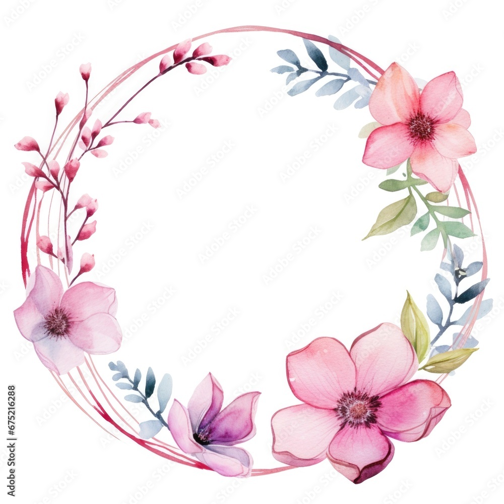 Fototapeta premium Circle frame of watercolor flowers and leaves on white background.