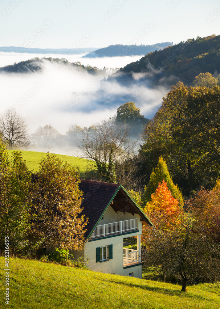 Morning mist over South Styria wine region, Austria