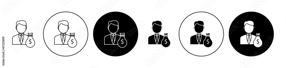 Investor line icon set. Millionaire stockholder with fund sign. Shareholder person symbol in black and white color.