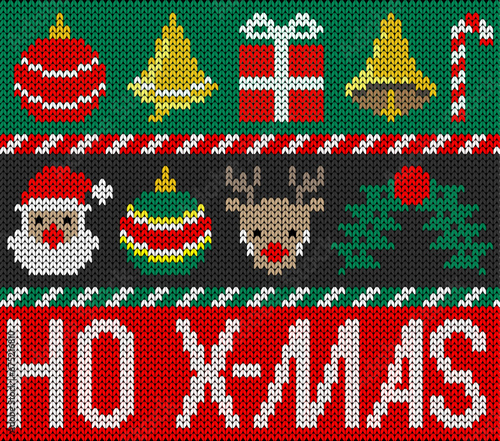 Knitting Christmas elements and ornaments. Santa face, deer head, Christmas balls,bell and text x-mas and ho. Vector illustration.