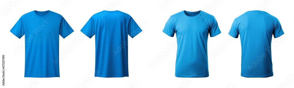 realistic set of male blue t-shirts mockup front and back view isolated on a transparent background, cut out - obrazy, fototapety, plakaty 