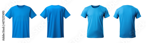 realistic set of male blue t-shirts mockup front and back view isolated on a transparent background, cut out photo