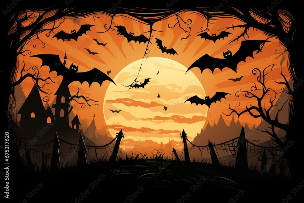 Spooky Halloween scene with spider and bat flying over an orange banner. Generative AI