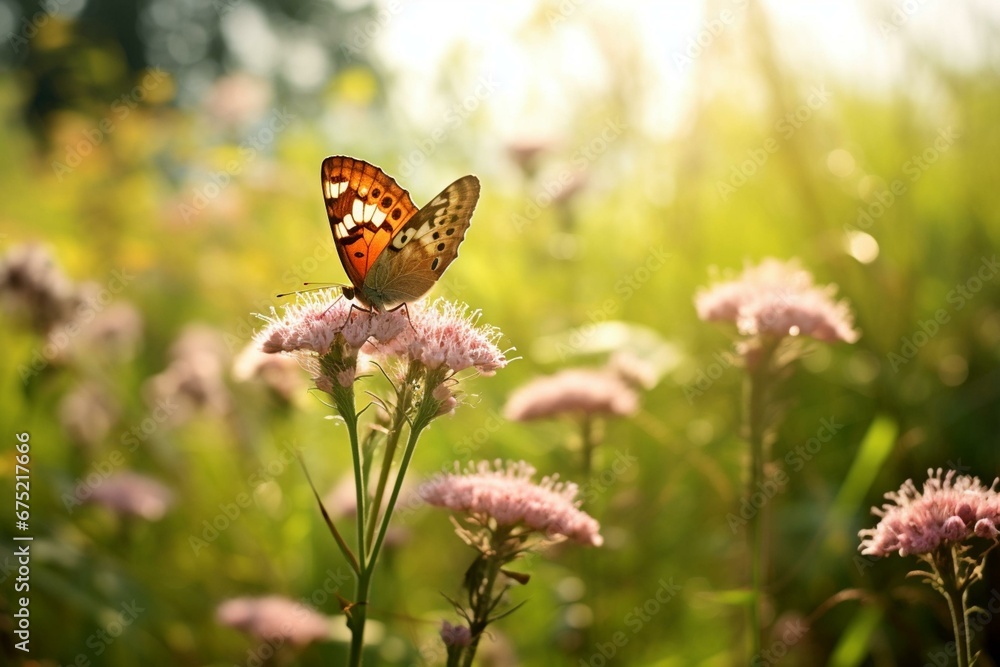 A butterfly perched on a blossom amidst a meadow. Generative AI