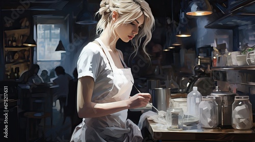 Young girl barista brews aromatic coffee at the cafe counter. Illustration