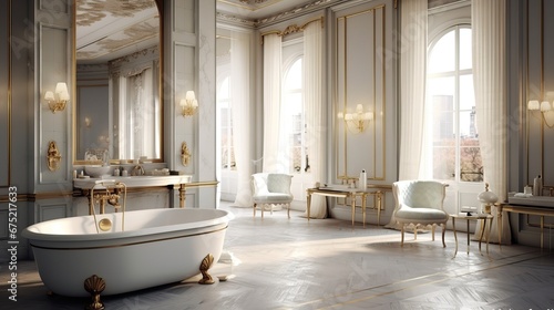 Huge bathroom with a large window, white interior with gold trim. Bathroom in a luxury hotel, luxury room © Nick Alias