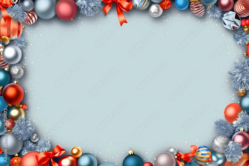Frame of various Christmas decorations on a blue background. Place for text, copy space. Christmas greeting card template, layout for web banner design Frame of various Christmas decorations on a blue background. Place for text, copy space. Christmas greeting card template, layout for web banner design