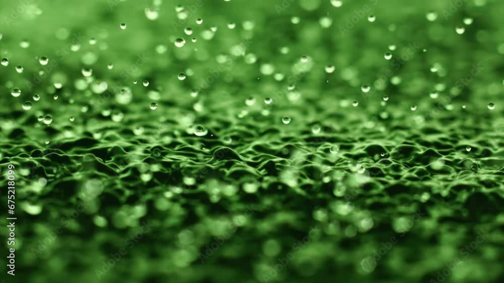 Macro close up super slow motion 1000 fps.Explosion splash drops liquid in green color. Splashes water drops liquid when surface water is vibration. Wave and drops in green background. Vibrant effect Macro close up super slow motion 1000 fps.Explosion splash drops liquid in green color. Splashes water drops liquid when surface water is vibration. Wave and drops in green background. Vibrant effect