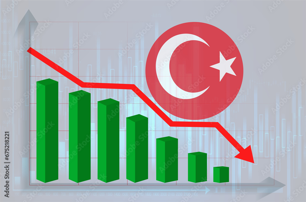 Fototapeta premium Decline of the Turkish economy. Fall of the Turkey Economy. Recession graph with a red arrow on the Turkey flag, inflation