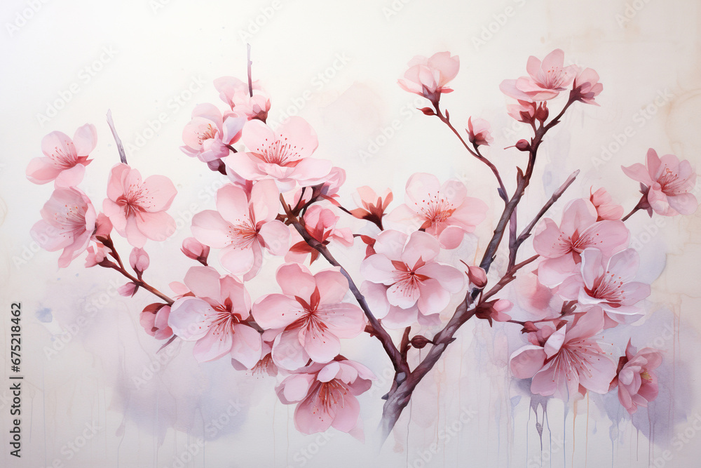 Drawing of sakura on the wall using paints with smudges. Generated by artificial intelligence