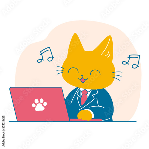 パソコンで楽しく仕事をする猫