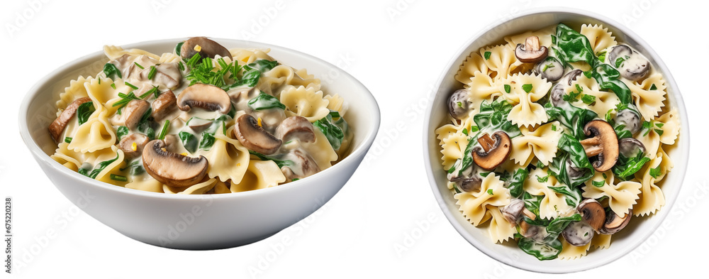 Spinach and mushroom farfalle in a creamy sauce isolated on white background, italian pasta collection, food bundle - obrazy, fototapety, plakaty 
