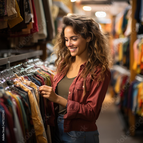 A mid-shot of a person shopping at a thrift store, browsing through a rack of second-handclothes, highlighting the benefits of supporting sustainable fashion