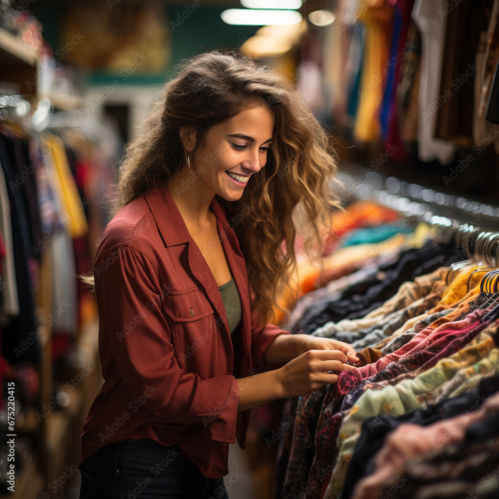 A mid-shot of a person shopping at a thrift store, browsing through a rack of second-handclothes, highlighting the benefits of supporting sustainable fashion A mid-shot of a person shopping at a thrift store, browsing through a rack of second-handclothes, highlighting the benefits of supporting sustainable fashion