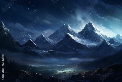 Starry night unveils majestic mountains. Generative AI photo
