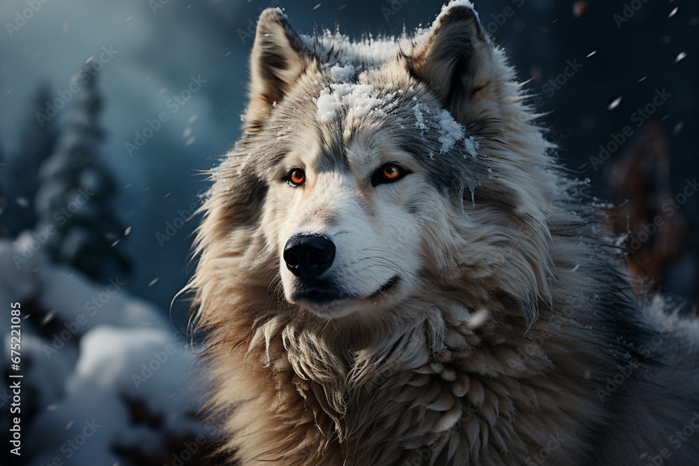 Obraz premium An atmospheric photograph of a lone snow husky standing amidst a snowstorm, capturing the solitude and resilience of these dogs. 