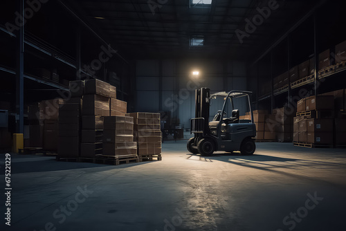 warehouse driver loading cardboard boxes by forklift stacker loader, © yurakrasil