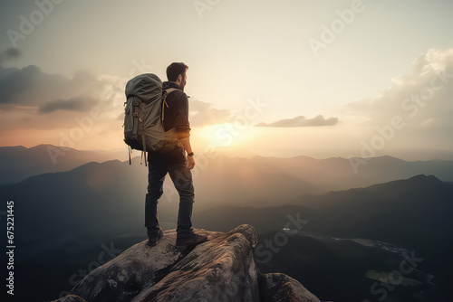 Young man standing on top of cliff in summer mountns at sunset and enjoying view , photo