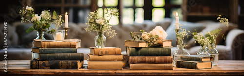 A pile of vintage books at living room in farmhouse photo
