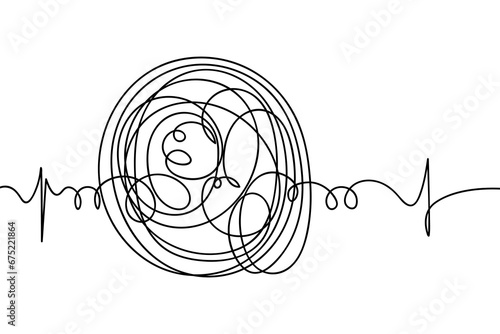 A tangled ball of scribbles. Sketch. Hand drawn abstract ball. Oscillating and curling threads along the edges of a rounded shape. Vector illustration. Doodle style. A careless sphere with curls. 