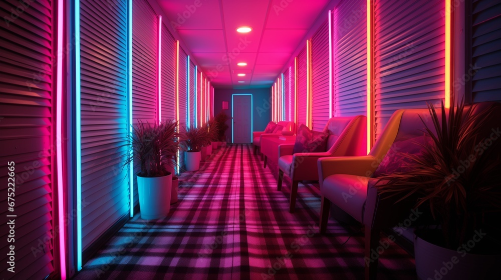 neon room platform playground hall with lighting, photo room, neon