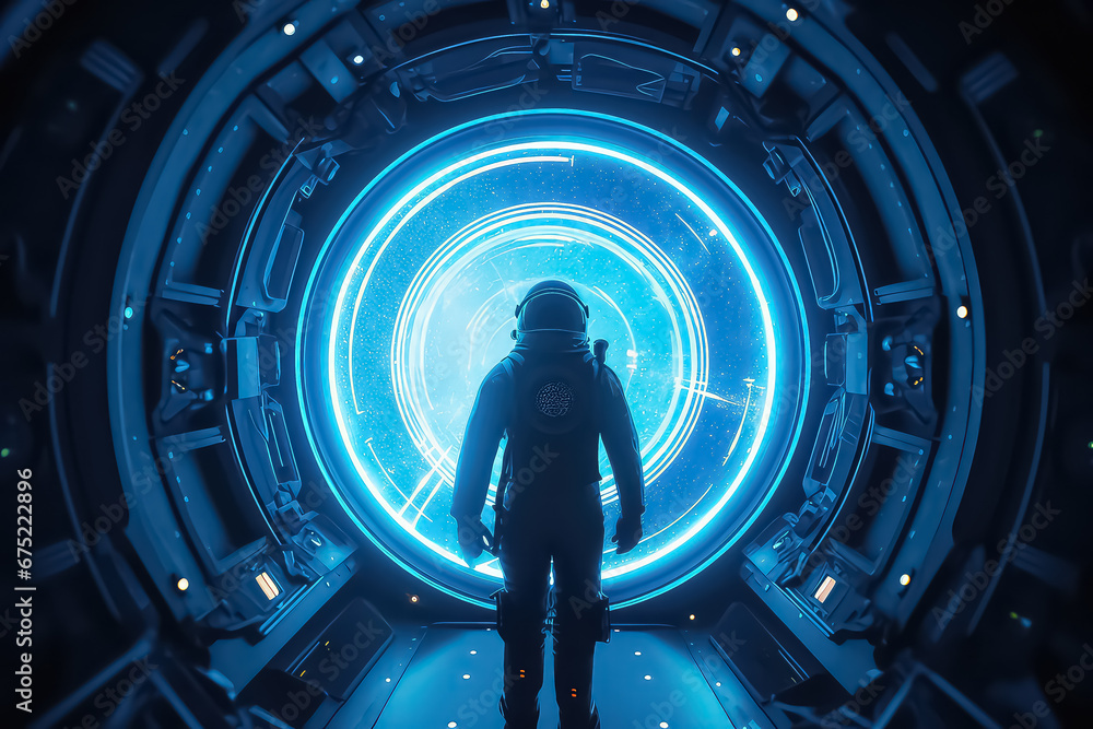 Astronaut standing in front of an mysterious open door portal to another world. AI - obrazy, fototapety, plakaty 
