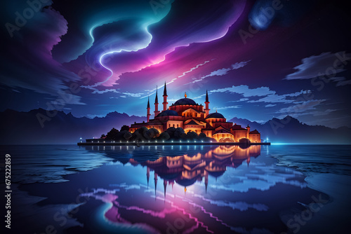 Fantastic glowing mosque, Neon background. Reflection in the water. Magical landscape. AI
