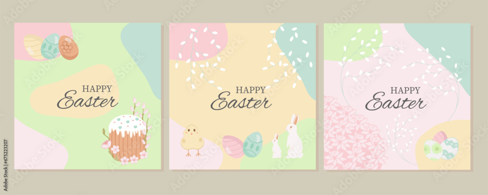 Fototapeta premium Happy Easter day greeting card. Easter bunny, chicken, duckling, eggs, willow, flowers, tulips, daffodils. Cartoon greeting card. Vector illustration.