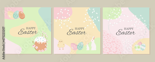 Happy Easter day greeting card. Easter bunny, chicken, duckling, eggs, willow, flowers, tulips, daffodils. Cartoon greeting card. Vector illustration.