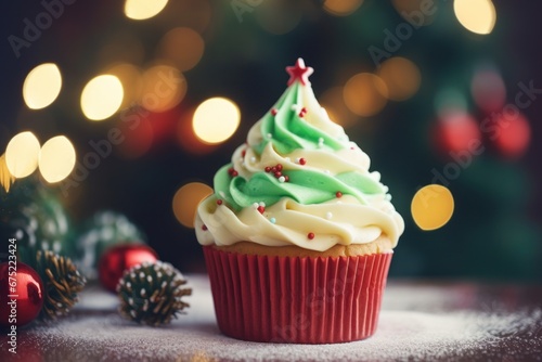 Christmas homemade dessert cupcake or muffin as Xmas tree with green whipped cream, red sprinkles on black bokeh background. Close up. Copy space. Merry Christmas.