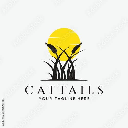 cattails plant with sun silhouette logo vector illustration design