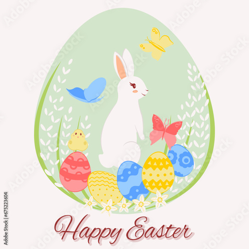Happy Easter day greeting card. Easter bunny  chicken  duckling  eggs  willow  flowers  tulips  daffodils. Cartoon greeting card. Vector illustration egg-shaped.