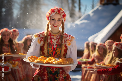 Slavic national festival Maslenitsa or shrovetide. Women in headscarf eat big tasty pancakes, have fun on winter pancake holiday week. photo