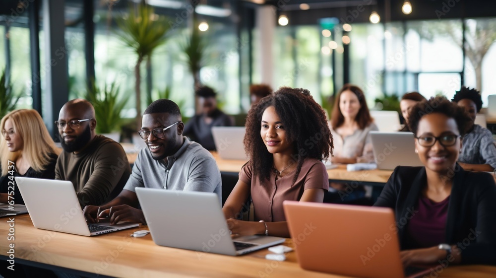 Empowerment Through Learning: Seminar with Happy Black Adults on Laptops. Generative ai Empowerment Through Learning: Seminar with Happy Black Adults on Laptops. Generative ai