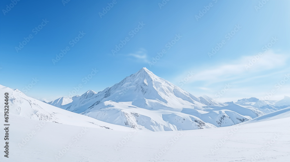 Wide angle view landscape of white snowy mountains range with clear blue sky during cold winter. Nature concept for extreme lifestyle product background	