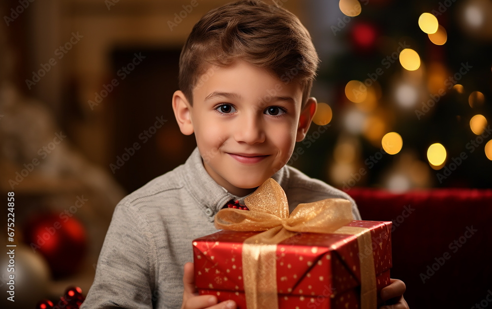Happy fair-skinned boy standing in a room with a gift in his hands on Christmas. Cheerful fair-skinned schoolboy stands in a room with a present in his hands on Christmas. Happy fair-skinned boy standing in a room with a gift in his hands on Christmas. Cheerful fair-skinned schoolboy stands in a room with a present in his hands on Christmas.