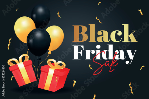 Banner on the theme of Black Friday. The elegance of Black Friday with captivating illustration showcase lavish balloons set against a backdrop of sleek black luxury. Vector illustration.