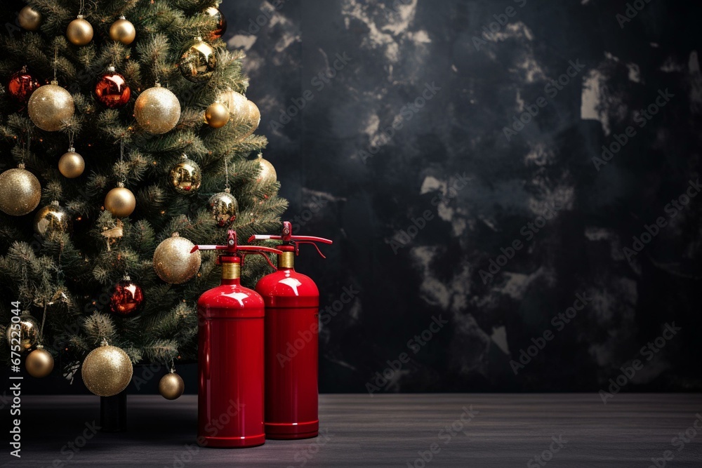 Concept of security: extinguisher on table with festive tree in backdrop. Generative AI - obrazy, fototapety, plakaty 