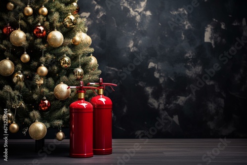 Concept of security: extinguisher on table with festive tree in backdrop. Generative AI photo