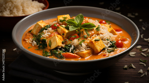 Coconut and tomato curry with vegetables and tofu