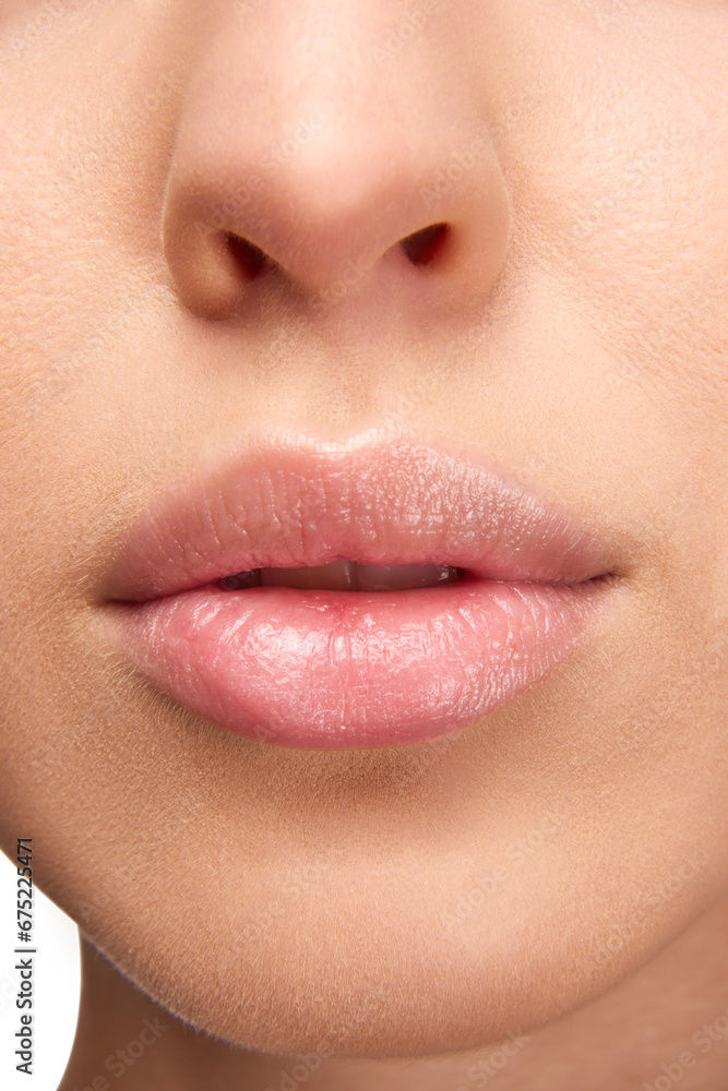 Obraz premium Perfect natural lip makeup. Close up photo of woman lips with glossy lipstick. Moisturizing chap stick for dry lips.