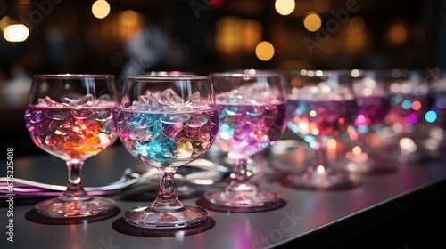 Close-up of group of stylish coloured cocktails with ice and lemon on the bar counter. Generative AI